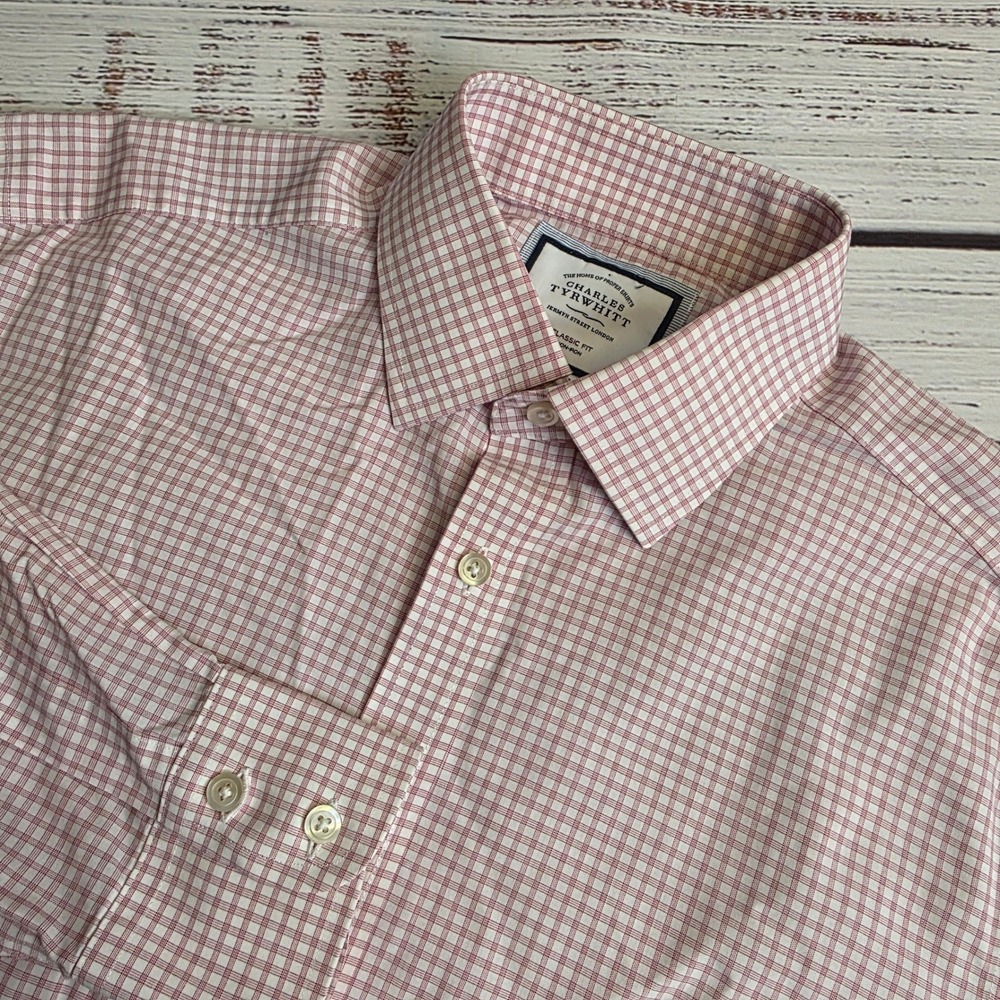 Charles Tyrwhitt Mens Pink White Check Non-Iron Classic Fit Shirt 15.5x34 Button